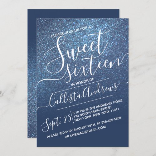 Chic Navy Blue Sparkly Glitter Ombre Sweet 16 Invitation