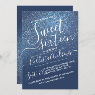 Chic Navy Blue Sparkly Glitter Ombre Sweet 16 Invitation