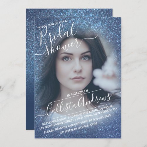 Chic Navy Blue Sparkly Glitter Photo Bridal Shower Invitation