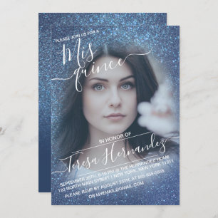 Chic Navy Blue Sparkly Glitter Photo Quinceañera Invitation