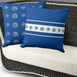 Chic Navy Blue Stripes Shell Fish Beach House Throw Pillow