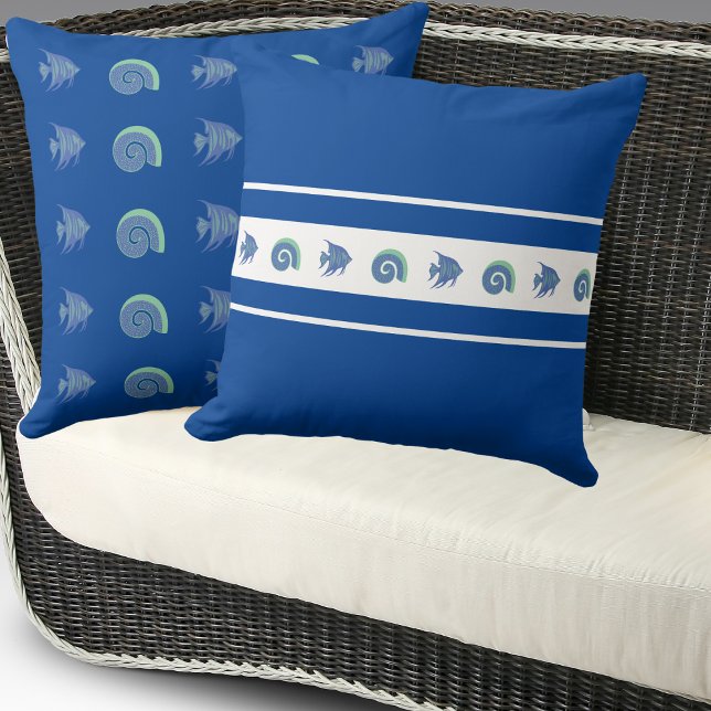 Chic Navy Blue Stripes Shell Fish Beach House Throw Pillow (Creator Uploaded)