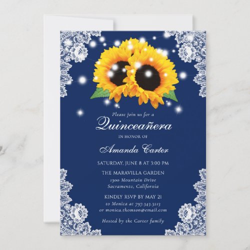 Chic Navy Blue Sunflower Quinceaera Invitations