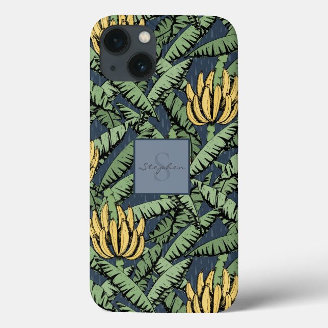 Chic Navy Blue Tropical Yellow Banana Leaf Pattern Case-Mate iPhone Case (Back)