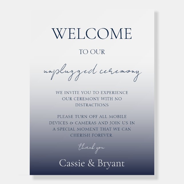Chic Navy Blue Unplugged Ceremony Wedding Sign (Front)