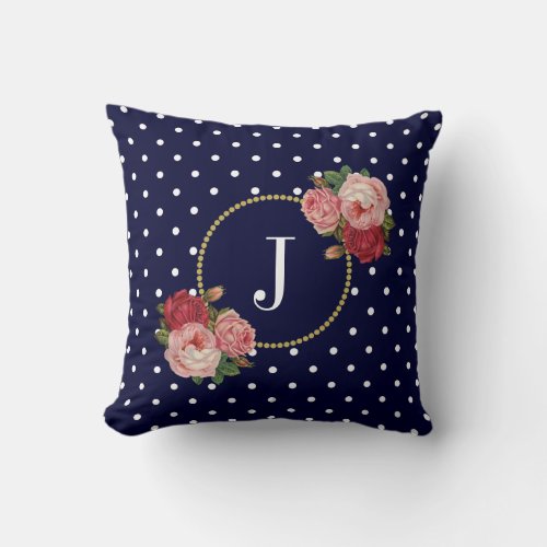 Chic Navy Blue Vintage Flowers Polka Dots Monogram Throw Pillow