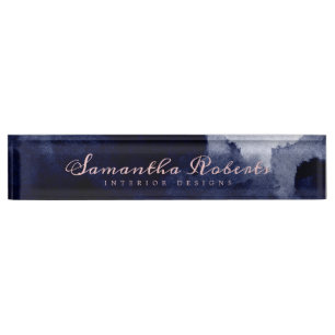 Chic Navy Blue Watercolor Abstract Blush Pink Desk Name Plate
