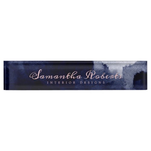 Chic Navy Blue Watercolor Abstract Blush Pink Desk Name Plate