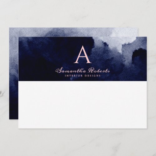 Chic Navy Blue Watercolor Blush Pink Monogram Note Card