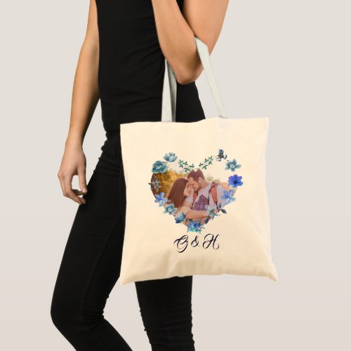 Chic Navy Blue Watercolor Floral Heart Photo Love Tote Bag