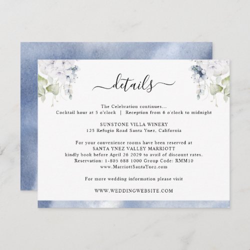 Chic Navy Blue Watercolor Floral Wedding Details Enclosure Card