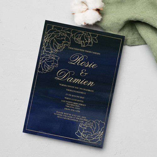 Chic navy blue watercolor gold floral Engagement  Invitation