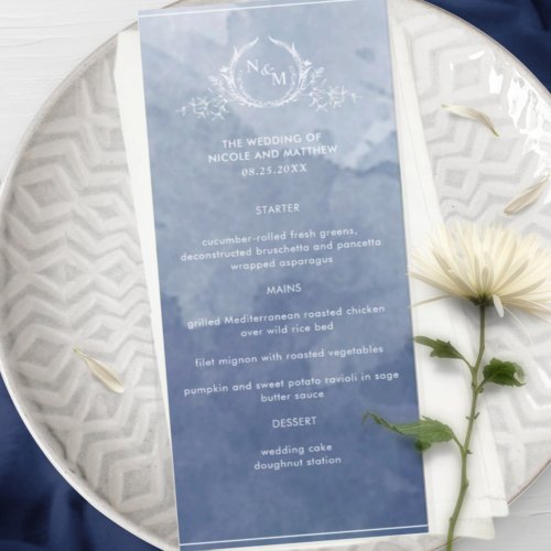 Chic Navy Blue Watercolor Monogram Wedding Menu