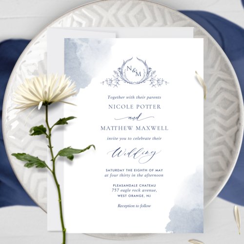 Chic Navy Blue Watercolor Stains Monogram Wedding Invitation