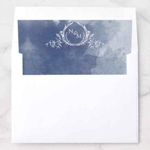 Chic Navy Blue Watercolor White Monogram Wedding Envelope Liner