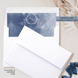 Chic Navy Blue Watercolor, White Monogram Wedding Envelope Liner