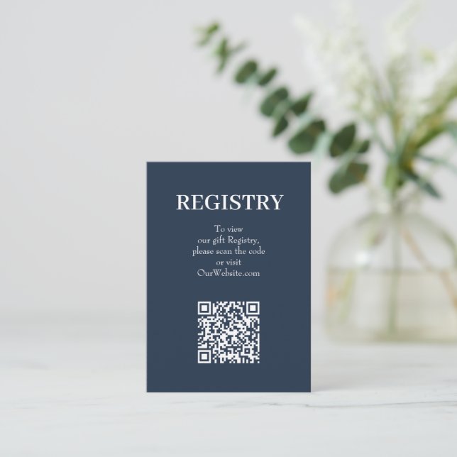 Chic Navy Blue Wedding Registry QR Code Enclosure Card (Standing Front)