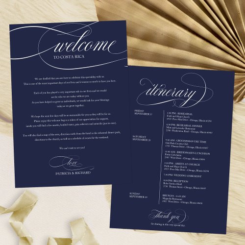 Chic Navy Blue Wedding Weekend Welcome Itinerary Invitation