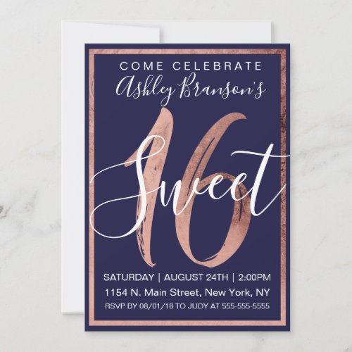 Chic Navy Blue White Faux Rose Gold Foil Sweet 16 Invitation