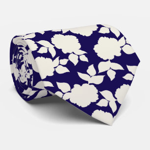Chic navy blue &white floral pattern neck tie