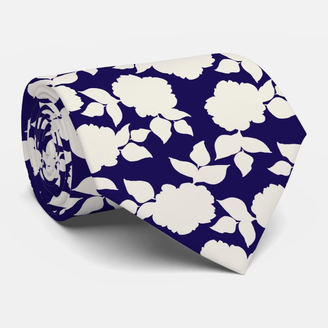 Chic navy blue &white floral pattern neck tie (Rolled)