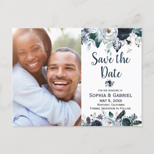 Chic Navy Blue White Flowers Wedding Save the Date Announcement Postcard