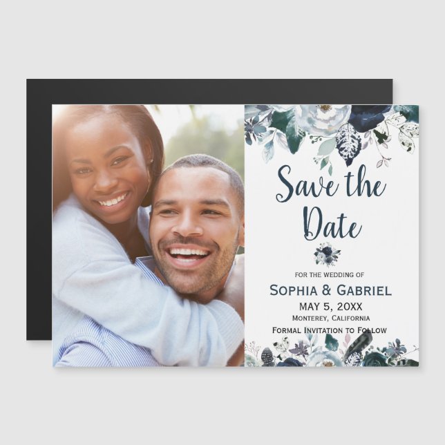 Chic Navy Blue White Flowers Wedding Save the Date Magnetic Invitation (Front/Back)