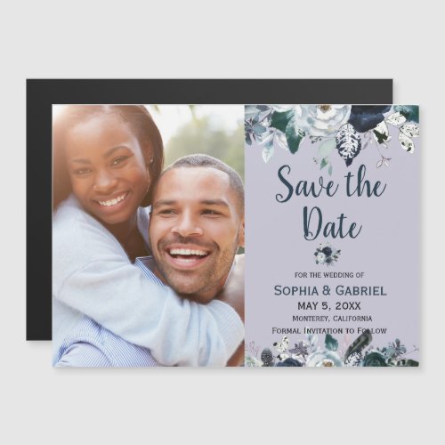 Chic Navy Blue White Flowers Wedding Save the Date Magnetic Invitation