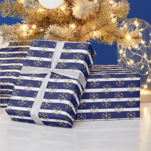 Chic navy blue white gold stripes and snowflakes wrapping paper