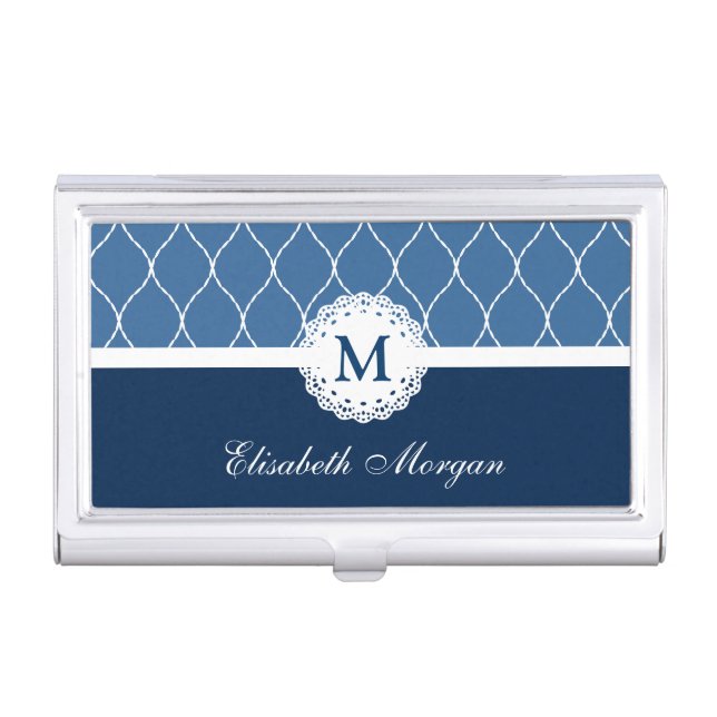 Chic Navy Blue White Lace Pattern Custom Monogram Case For Business Cards (Front)