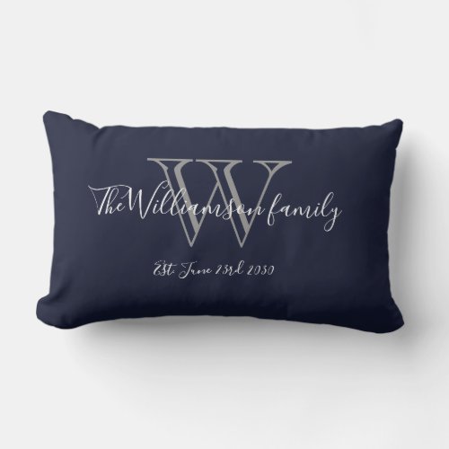  Chic Navy Blue White Monogram Family Keepsake Lumbar Pillow