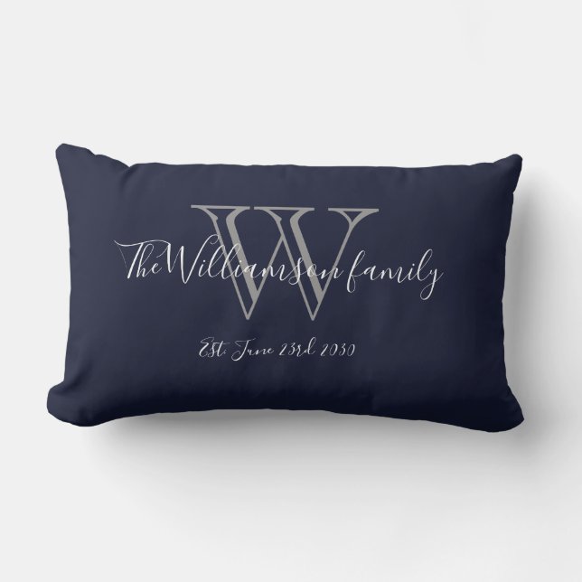  Chic Navy Blue White Monogram Family Keepsake Lumbar Pillow (Front)
