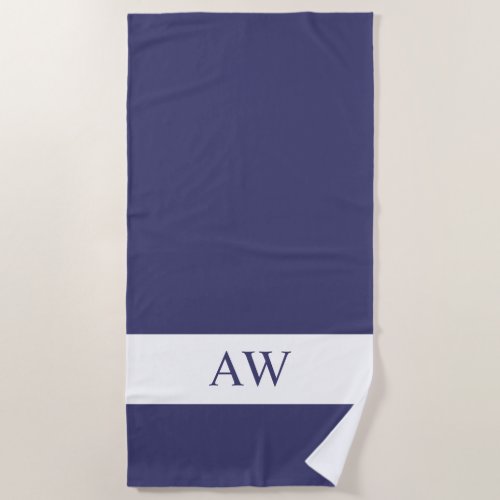 Chic Navy Blue White Monogrammed Beach Towel