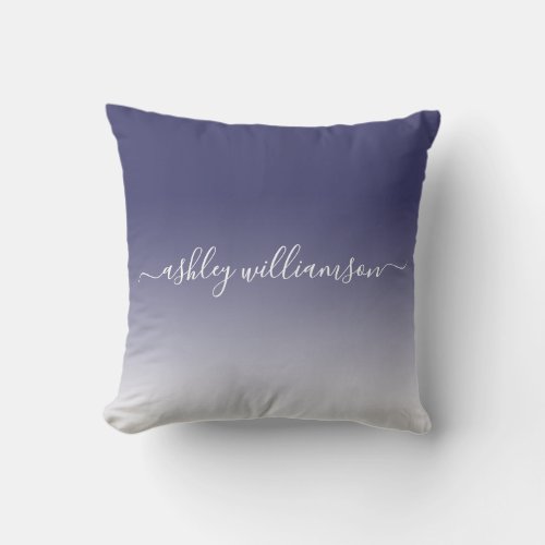 Chic Navy Blue White Ombre Effect Monogram Name Throw Pillow