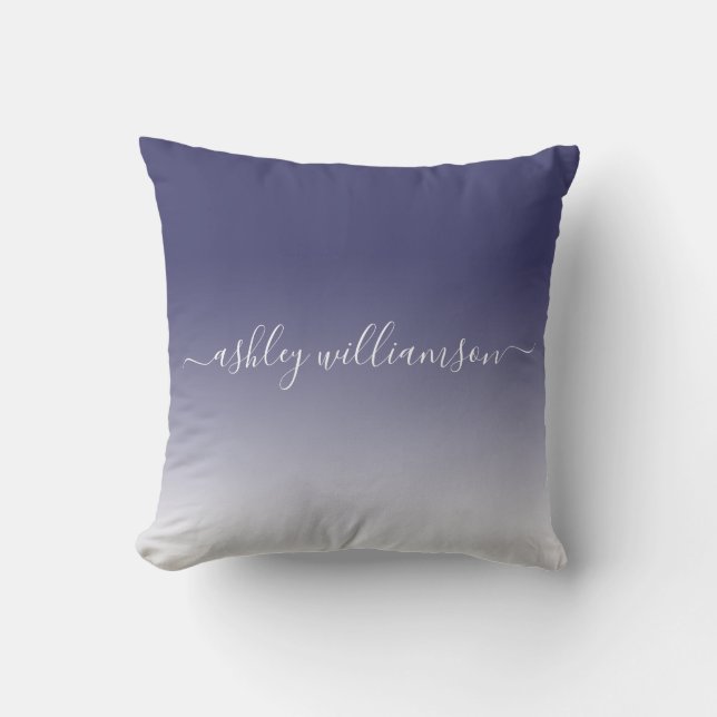 Chic Navy Blue White Ombre Effect Monogram Name Throw Pillow (Front)