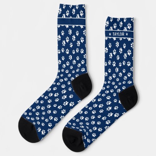 Chic Navy Blue  White Paw Print Personalized Name Socks