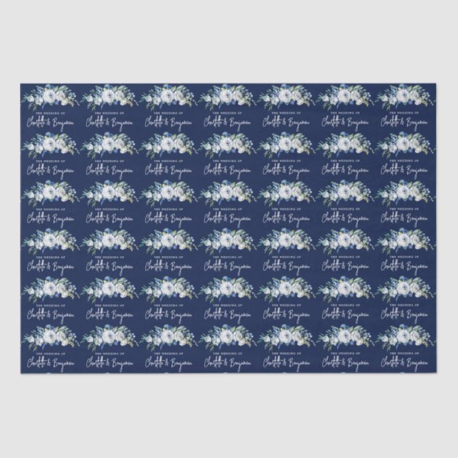 Chic Navy Blue White Peony Floral Custom Wedding Tissue Paper (Front)