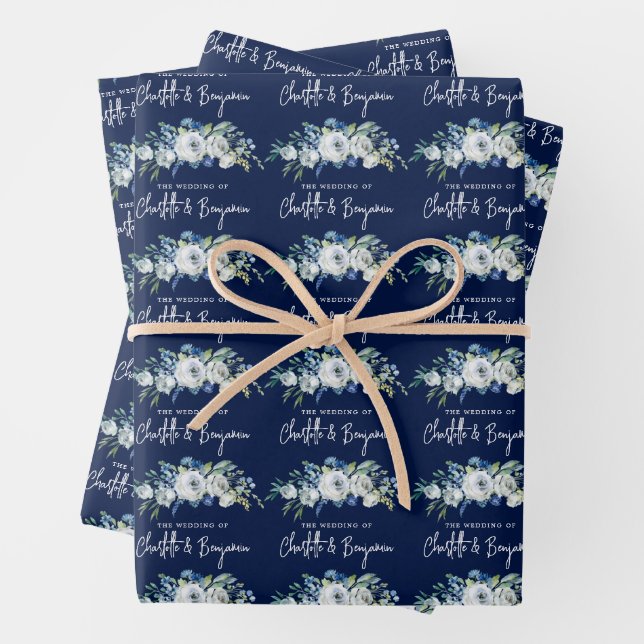 Chic Navy Blue White Peony Floral Custom Wedding Wrapping Paper Sheets (In situ)