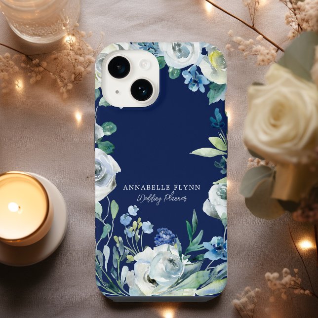 Chic Navy Blue White Peony Floral Monogram iPhone Case (Creator Uploaded)
