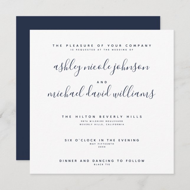 CHIC NAVY BLUE & WHITE SCRIPT Typography Wedding Invitation (Front/Back)