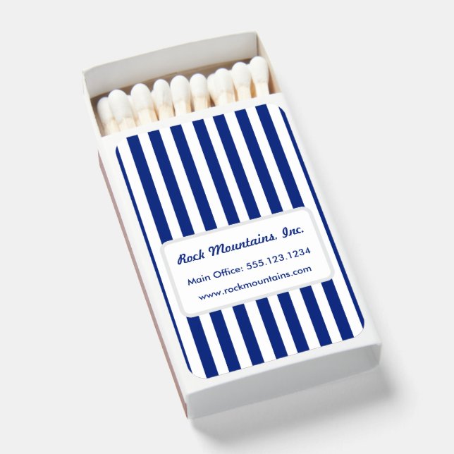 Chic Navy Blue & White Stripes Corporate Promotion Matchboxes (Front Open)
