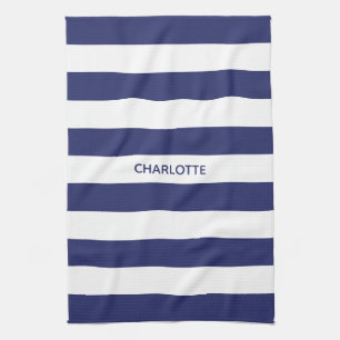 Chic navy blue white stripes custom name monogram kitchen towel