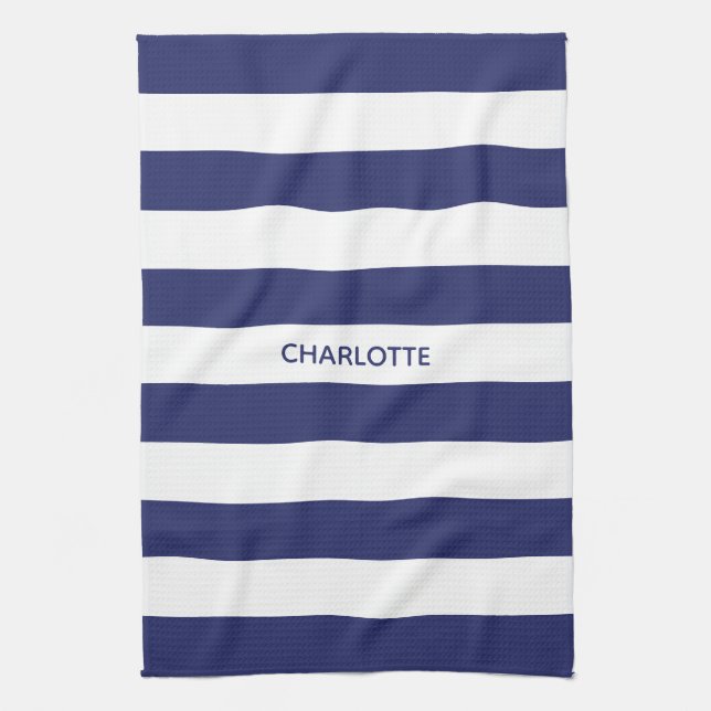 Chic navy blue white stripes custom name monogram kitchen towel (Vertical)
