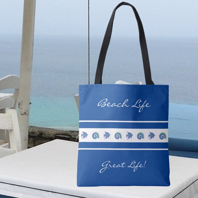 Chic Navy Blue White Stripes Fish Shell Beach Life Tote Bag (Creator Uploaded)