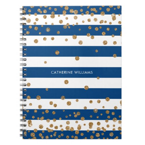 Chic Navy Blue White Stripes Gold Glitter Confetti Notebook