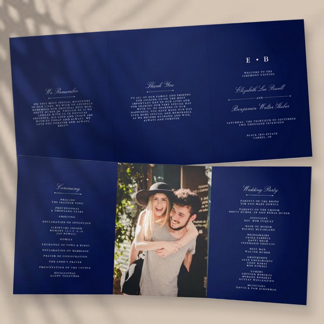 Chic Navy Blue & White Wedding Tri-Fold Program (Creator Uploaded)