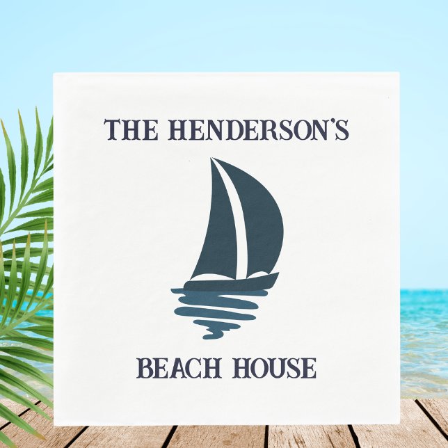 Chic Navy Blue Yacht Family Name Beach House Napkins (Creator Uploaded)