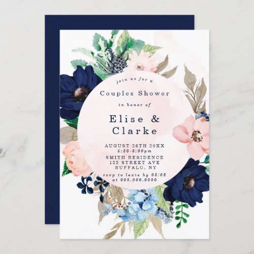 Chic Navy Blush Pink Floral Couples Shower Invites