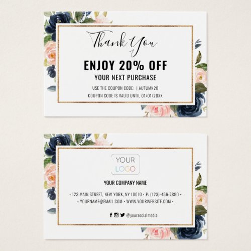 Chic Navy Blush Pink Floral Discount Coupon Card