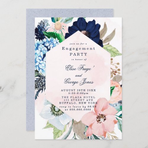 Chic Navy Blush Pink Floral Engagement Party Invit Invitation